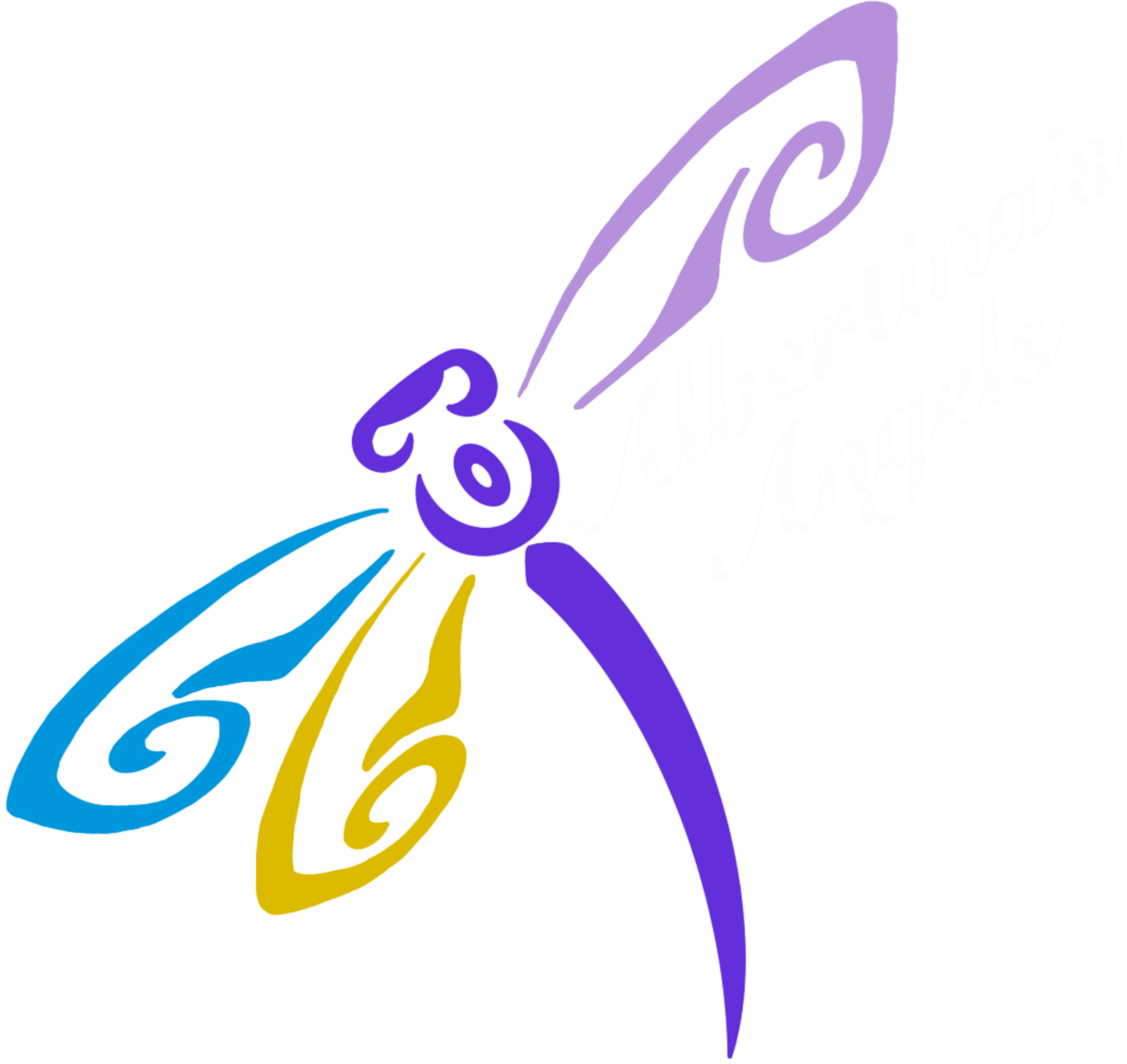 Albertina's Angels logo, a colorful dragonfly mark in blue, yellow, and purple, with the organization's name woven faintly into the wings