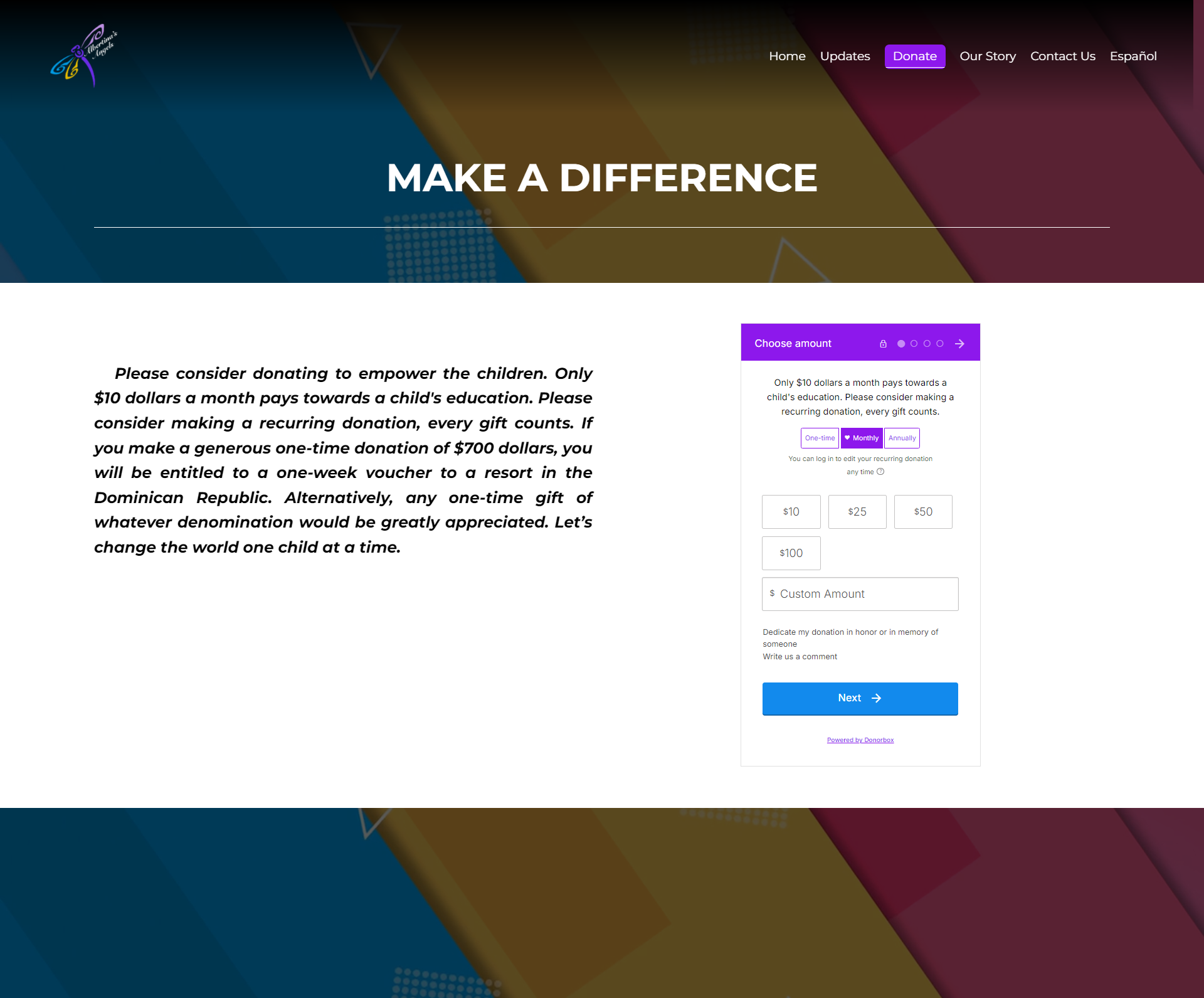 Albertina's Angels Make a Difference donate page, showing the appeal copy on the left and the Donorbox amount selector with preset donation buttons on the right