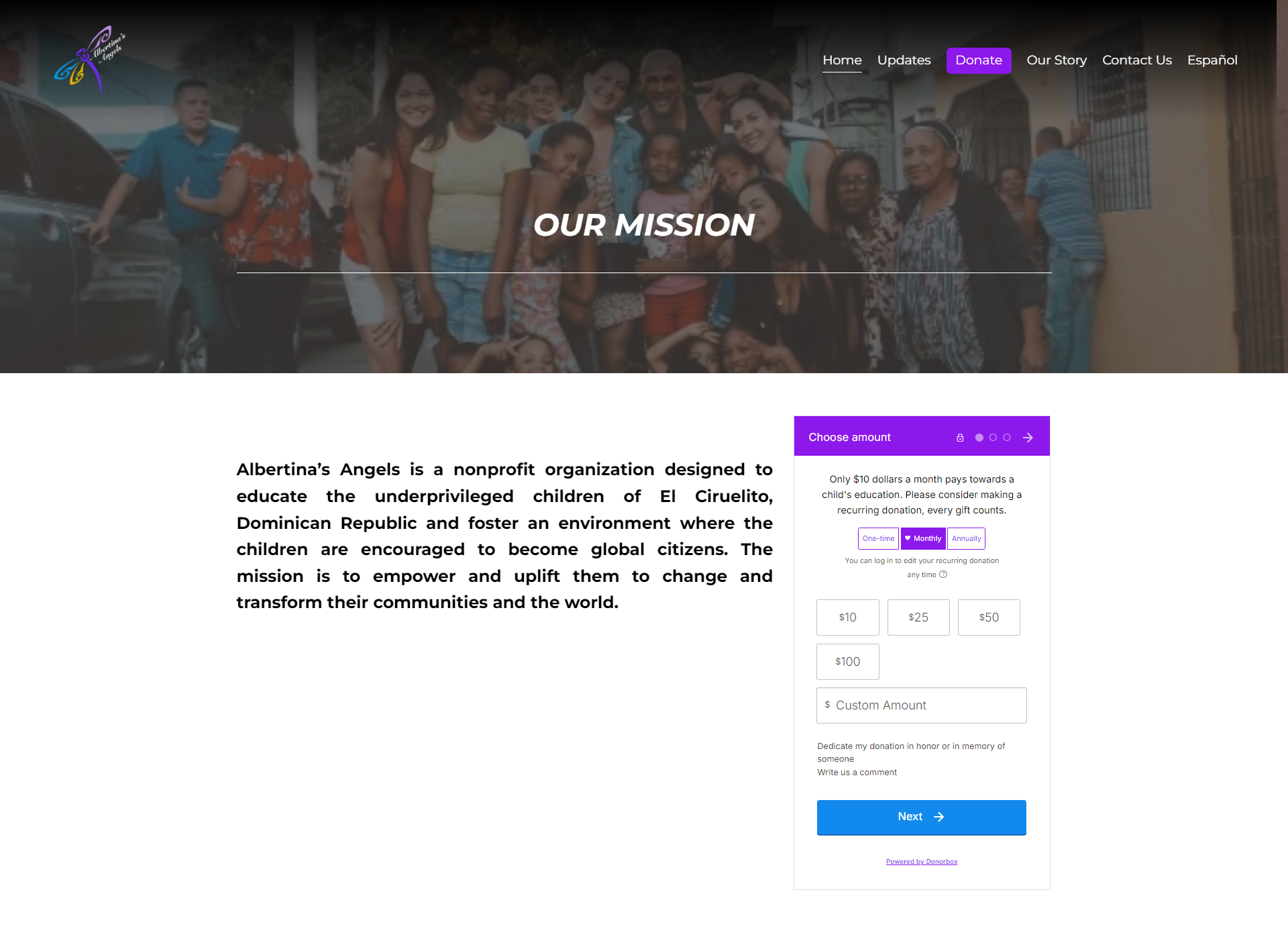 Albertina's Angels homepage showing the Our Mission hero with a group photo of community members, and the Donorbox donation widget embedded beside the mission statement