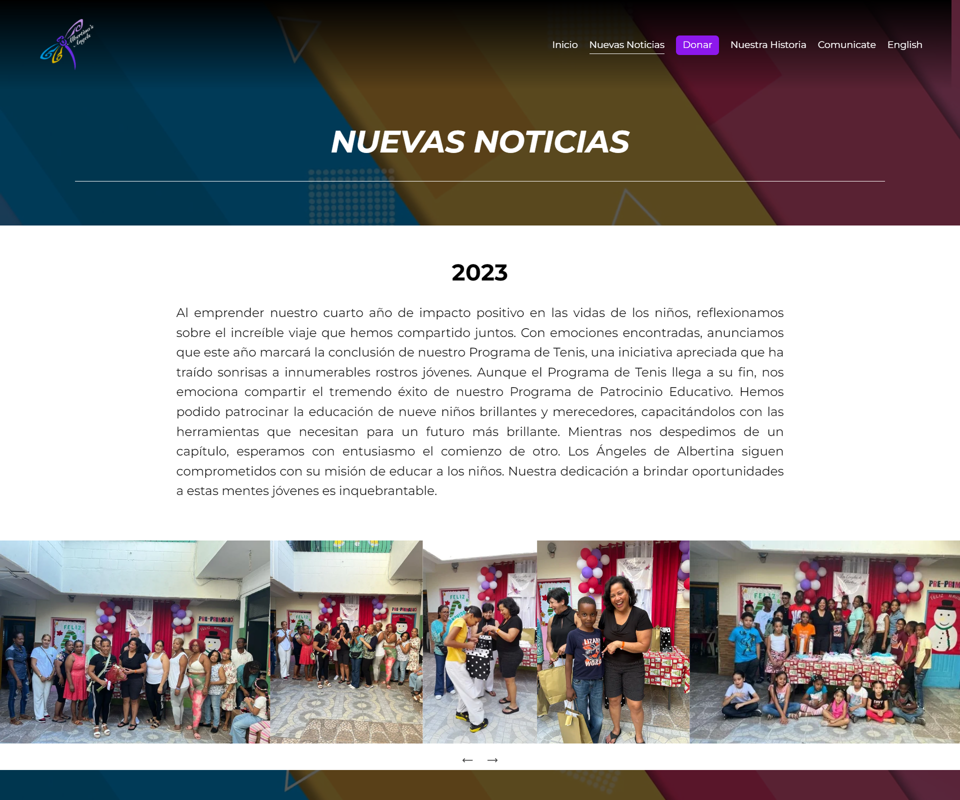 Albertina's Angels Nuevas Noticias Spanish updates page, showing year-by-year program summaries and photo galleries from 2020 through 2023