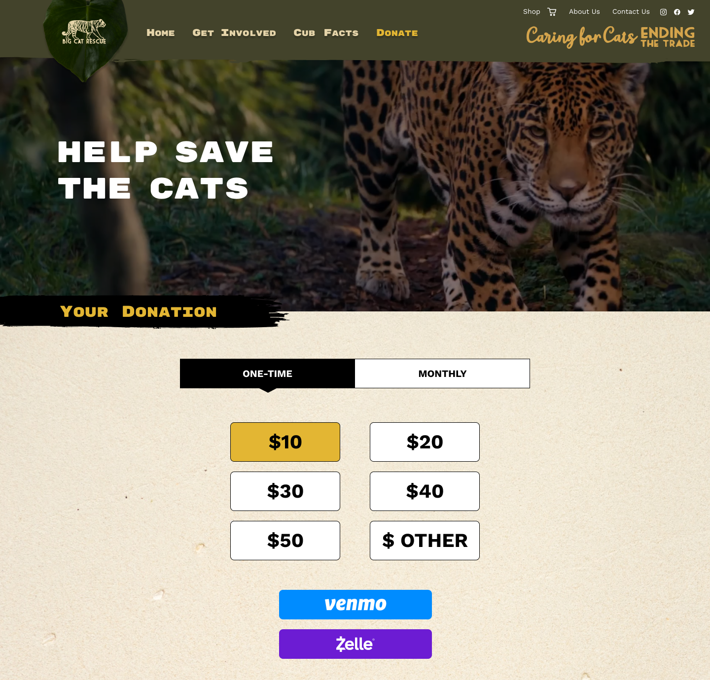 Donation page hero and amount selector, showing the Help Save the Cats header and one-time donation amount buttons