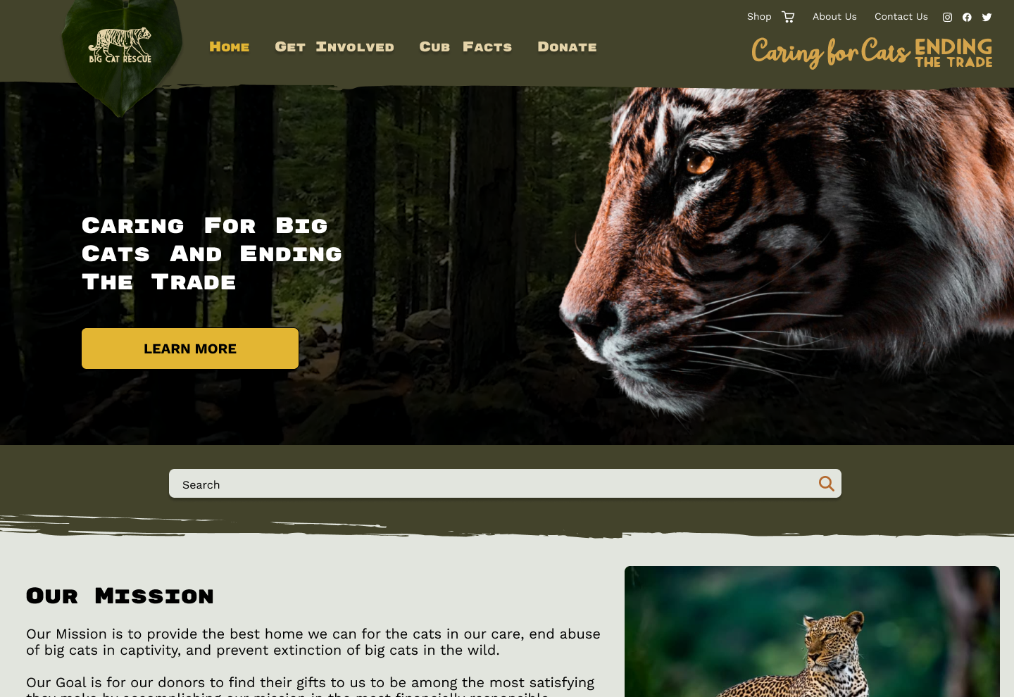 High-fidelity desktop mockup of the Big Cat Rescue homepage redesign, with a forest-and-tiger hero image and styled mission section
