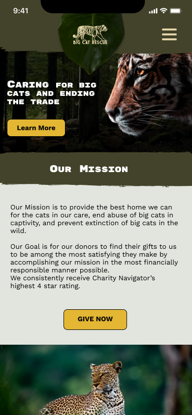 Mobile homepage with hero, mission statement, and Give Now button