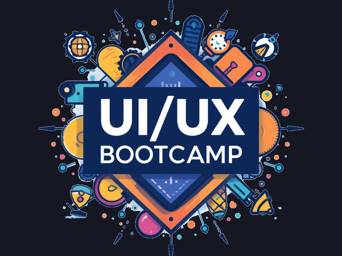 UI/UX Bootcamp graphic, a bold diamond emblem surrounded by colorful icons representing design tools and process