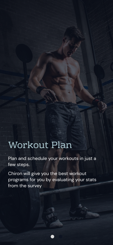 Chiron coaching screen introducing the Workout Plan feature, with a photo of a man adjusting his lifting belt and copy explaining that Chiron recommends workout programs based on the intake survey