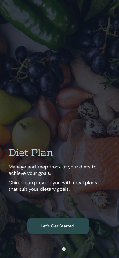 Chiron coaching screen introducing the Diet Plan feature, with a photo of fresh produce and copy explaining that Chiron provides meal plans suited to the user's dietary goals