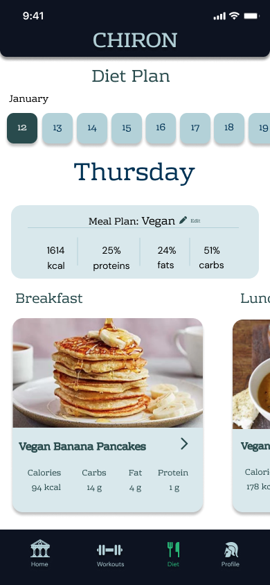 Chiron diet plan screen for Thursday, showing the Vegan meal plan with calorie and macro breakdown and a Vegan Banana Pancakes breakfast card