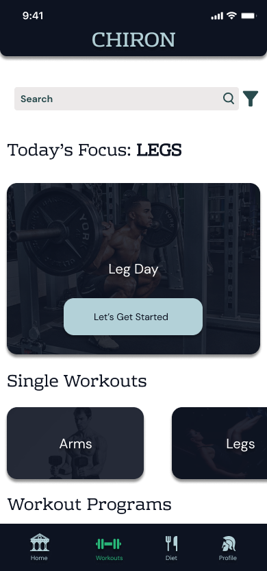 Chiron Home Workouts search results, listing The Bicep Curl and Home Squatting as two browsable workout cards with short muscle-group descriptions