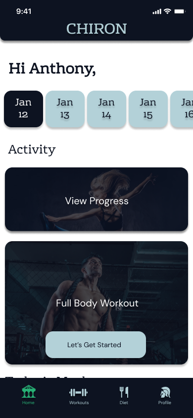 Chiron home screen, a Hi Anthony greeting above a horizontal date strip, a View Progress card, and a Full Body Workout banner with a Let's Get Started button