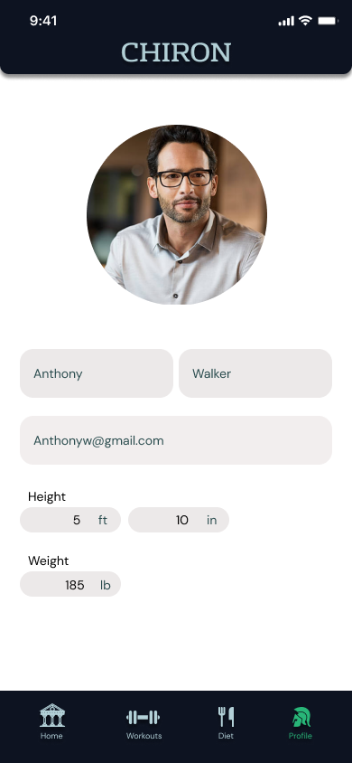Chiron profile screen showing Anthony's circular profile photo, editable first and last name fields, email, and height and weight inputs, with the Profile tab active in the bottom navigation