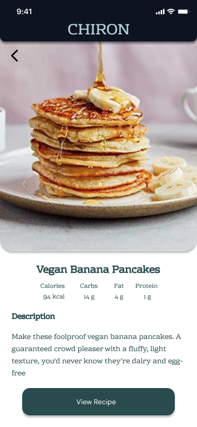 Chiron recipe detail for Vegan Banana Pancakes, with calorie and macro breakdown, a short description, and a View Recipe button
