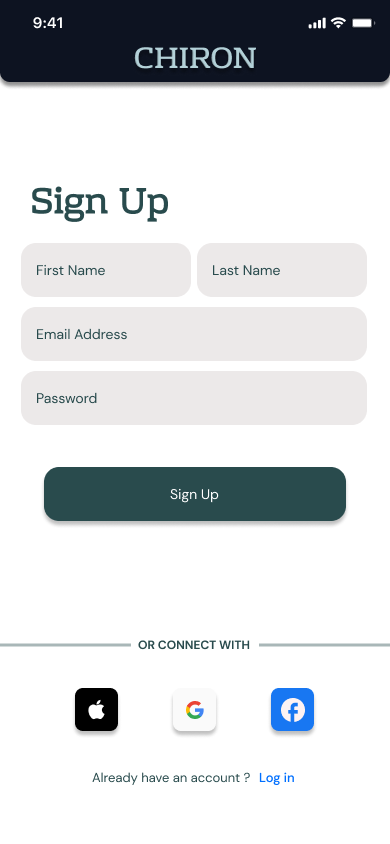Chiron sign up screen with First Name, Last Name, Email Address, and Password fields, a Sign Up button, and Apple, Google, and Facebook connect options below