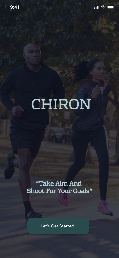 Chiron splash screen, the CHIRON wordmark over a photo of two runners at dusk, with the tagline Take Aim And Shoot For Your Goals and a Let's Get Started button below