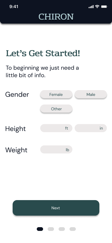 Chiron survey screen for Let's Get Started, with Gender, Height and Weight inputs and Male, Female and Other options