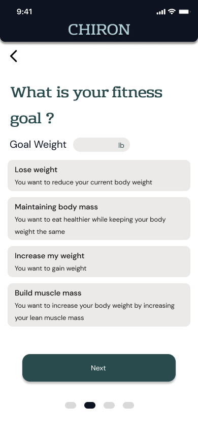 Chiron survey screen asking what the user's fitness goal is, with a Goal Weight field and Lose Weight, Maintaining Body Mass, Increase My Weight and Build Muscle Mass options