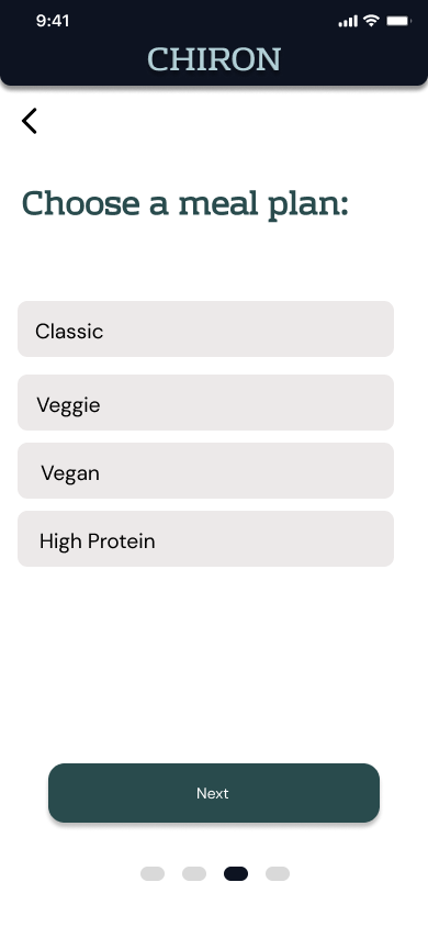 Chiron survey screen for choosing a meal plan, with Classic, Veggie, Vegan and High Protein options