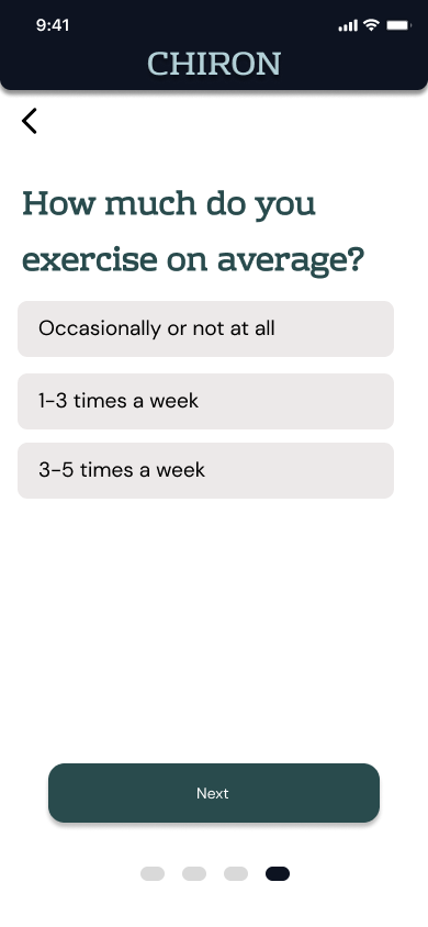 Chiron survey screen asking how much the user exercises on average, with Occasionally, 1 to 3 Times a Week, and 3 to 5 Times a Week options