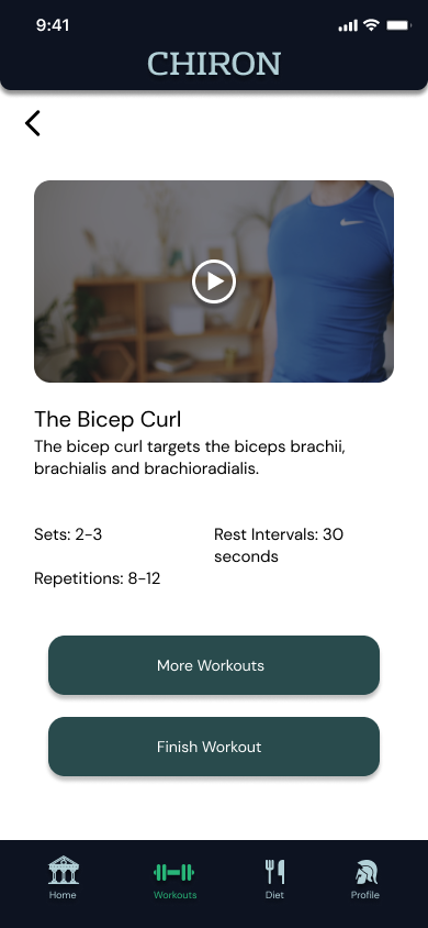 Chiron workout detail screen for The Bicep Curl, with a video player, sets and rest interval specs, and More Workouts and Finish Workout buttons