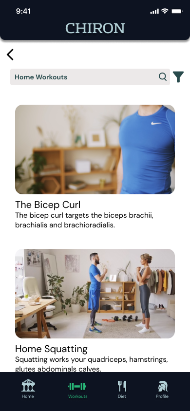 Chiron workouts tab showing Today's Focus: Legs, a Leg Day banner with a Let's Get Started button, and Single Workouts cards for Arms and Legs beneath it