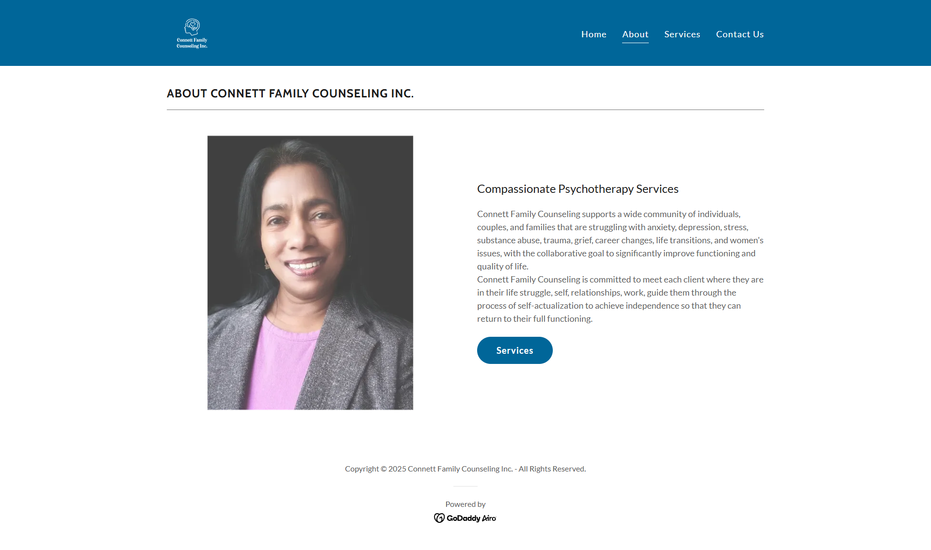 Connett Family Counseling About page, showing a portrait of Dr. Rachel Connett beside the Compassionate Psychotherapy Services heading and description, with a Services button below