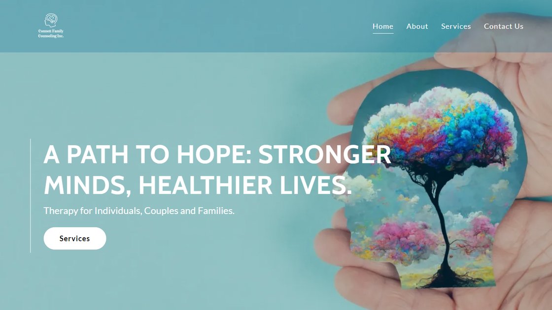 Connett Family Counseling homepage, a hand holding a colorful illustrated tree, with the headline 'A path to hope: stronger minds, healthier lives.'