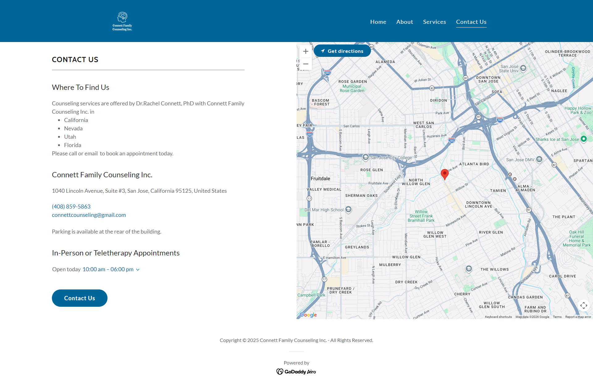 Connett Family Counseling Contact Us page, showing the practice address, phone, and hours beside an embedded Google map of the San Jose office location