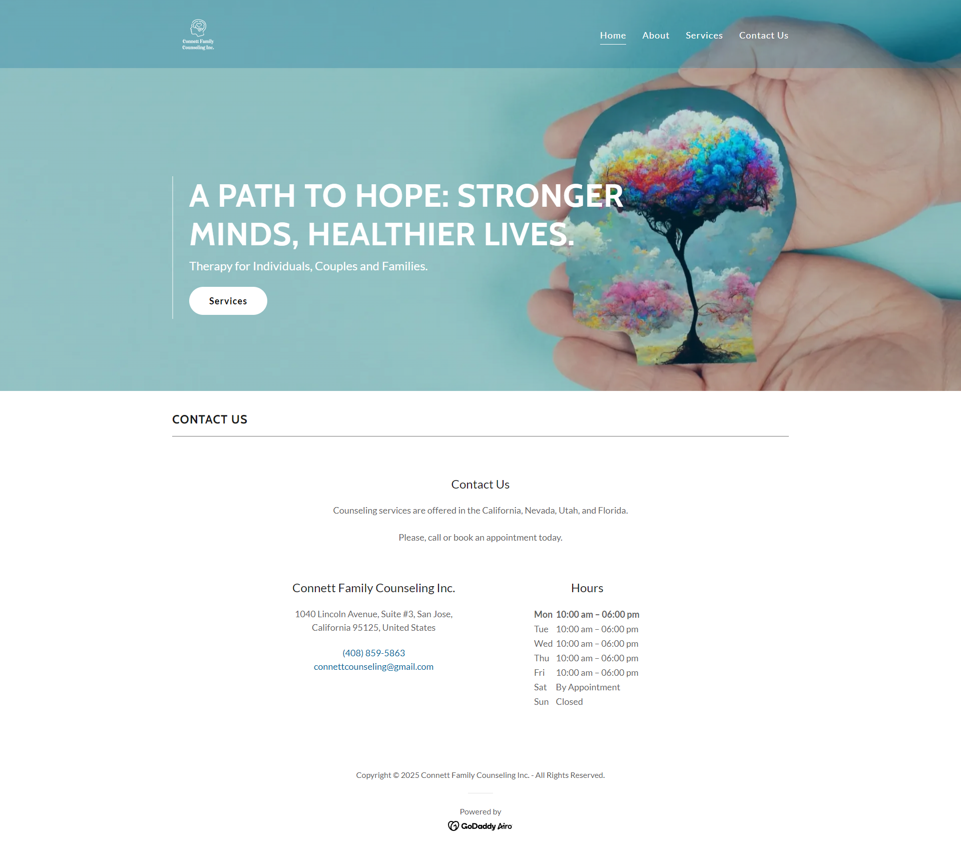 Connett Family Counseling homepage, showing the calming teal hero with 'A path to hope: stronger minds, healthier lives' headline, and the Contact Us section with practice address and hours below