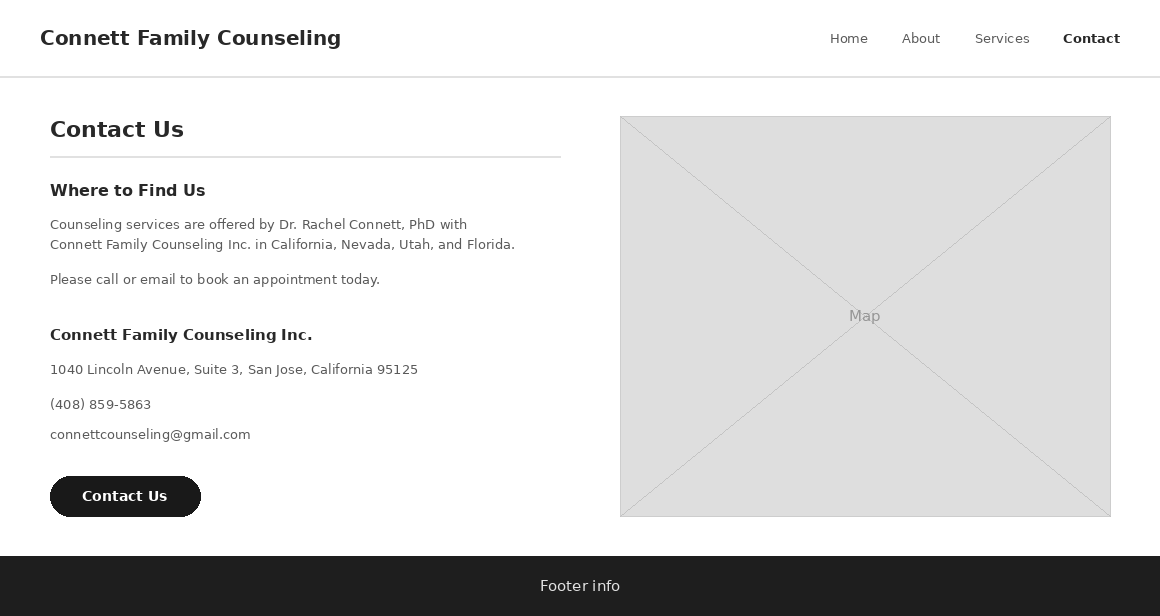 Low-fidelity wireframe of the Contact page, placeholder text and a bullet list on the left, a large gray box standing in for the map on the right