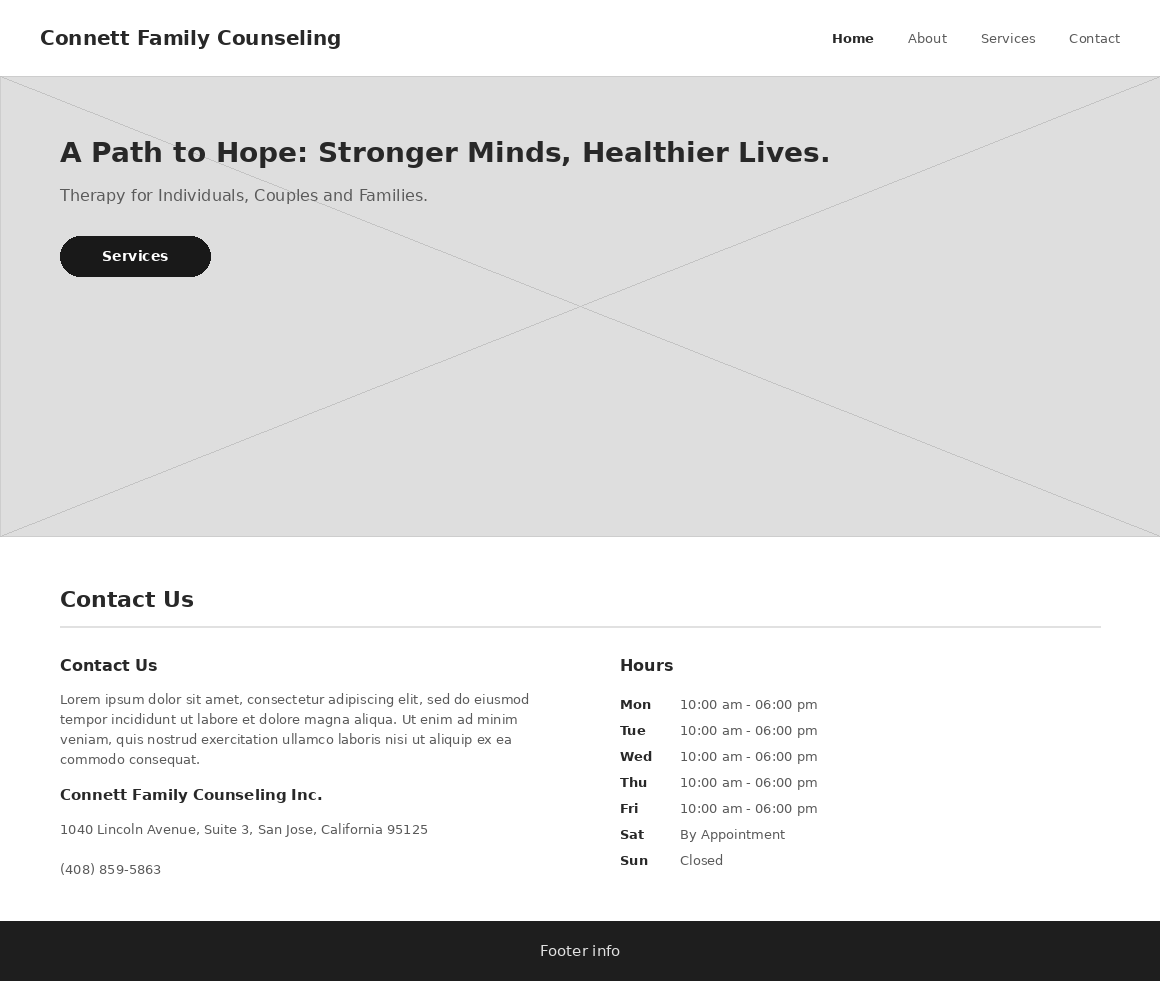 Low-fidelity wireframe of the Connett Family Counseling homepage, gray placeholder hero block, headline bars, a button, and a two column contact and hours placeholder below
