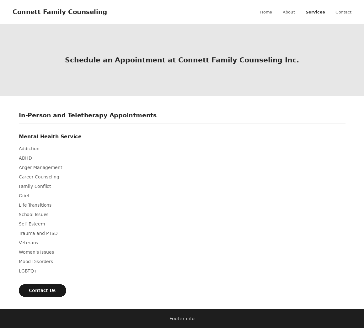 Low-fidelity wireframe of the Services page, a gray banner block and a plain list of gray placeholder bars standing in for each service area