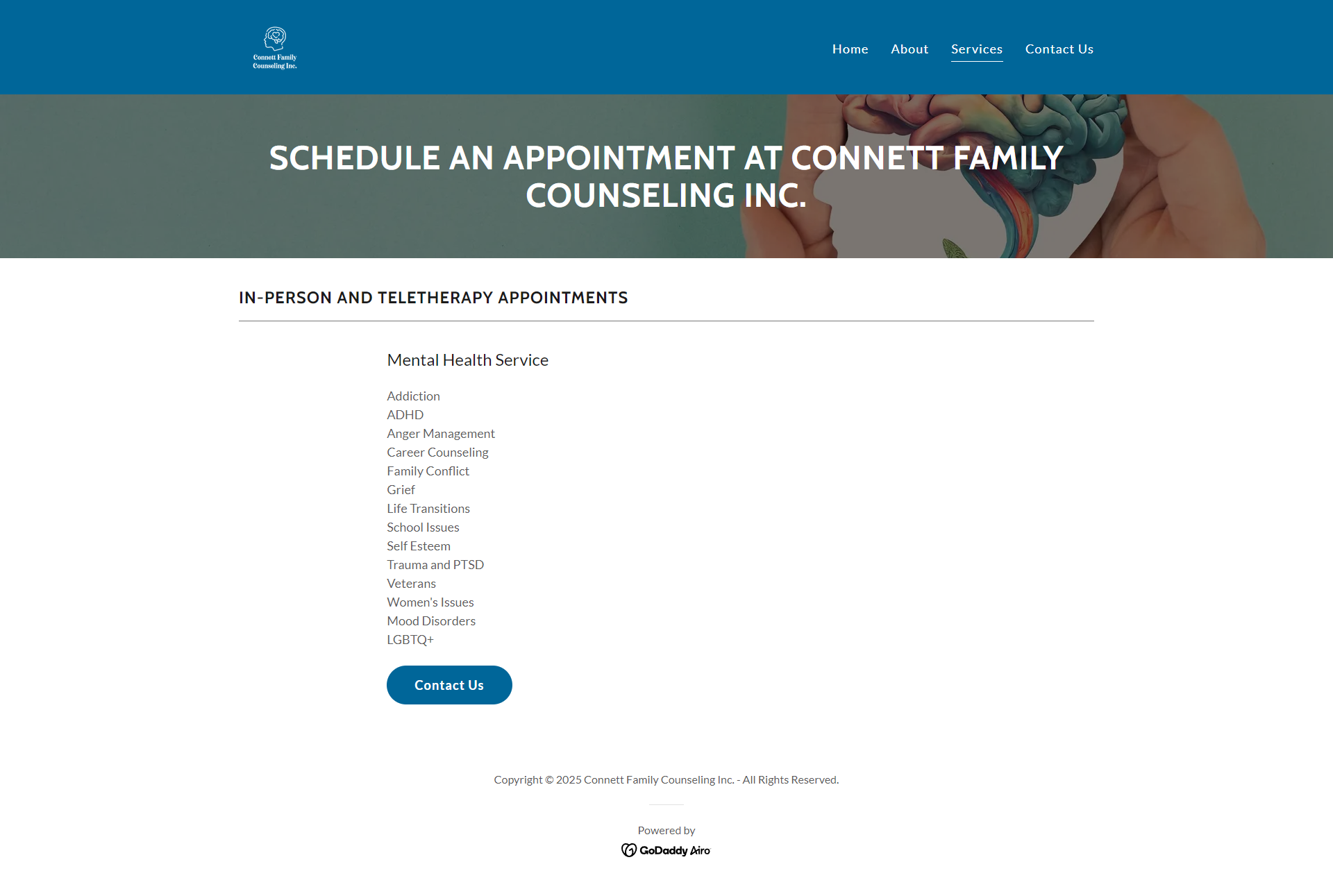 Connett Family Counseling Services page, listing mental health service areas including Anger Management, Family Conflict, Grief, Trauma and PTSD, and LGBTQ+ support
