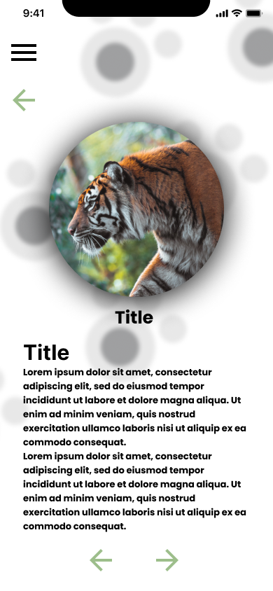 Low-fidelity wireframe of a single Cub Facts detail screen, a large circular photo placeholder, title, body text, and back and forward arrow navigation
