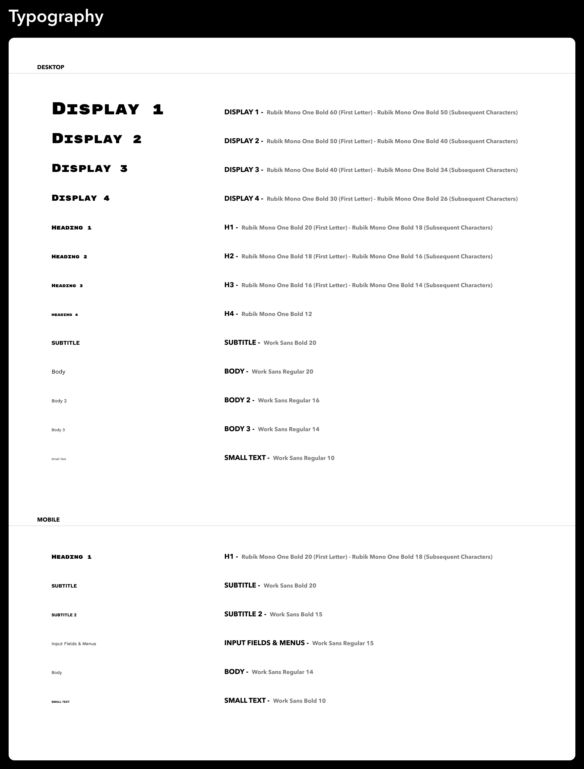 Design system typography scale showing Display, Heading, Subtitle, and Body styles in Rubik Mono One and Work Sans for desktop and mobile