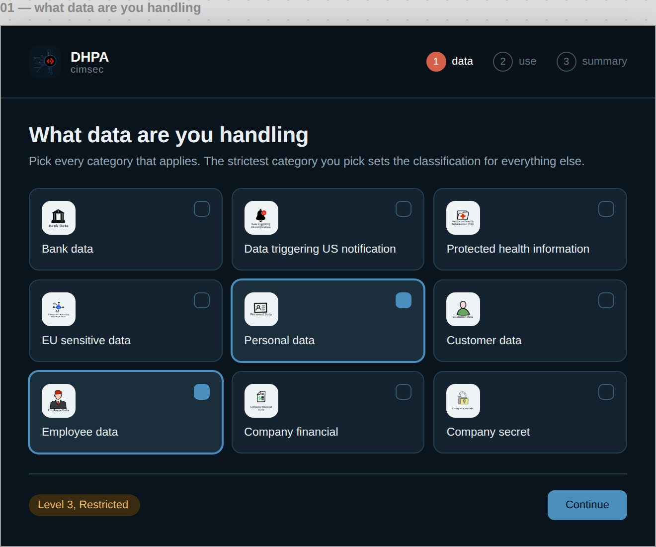 The finished data selection step, a clean card grid replacing the original checkbox list