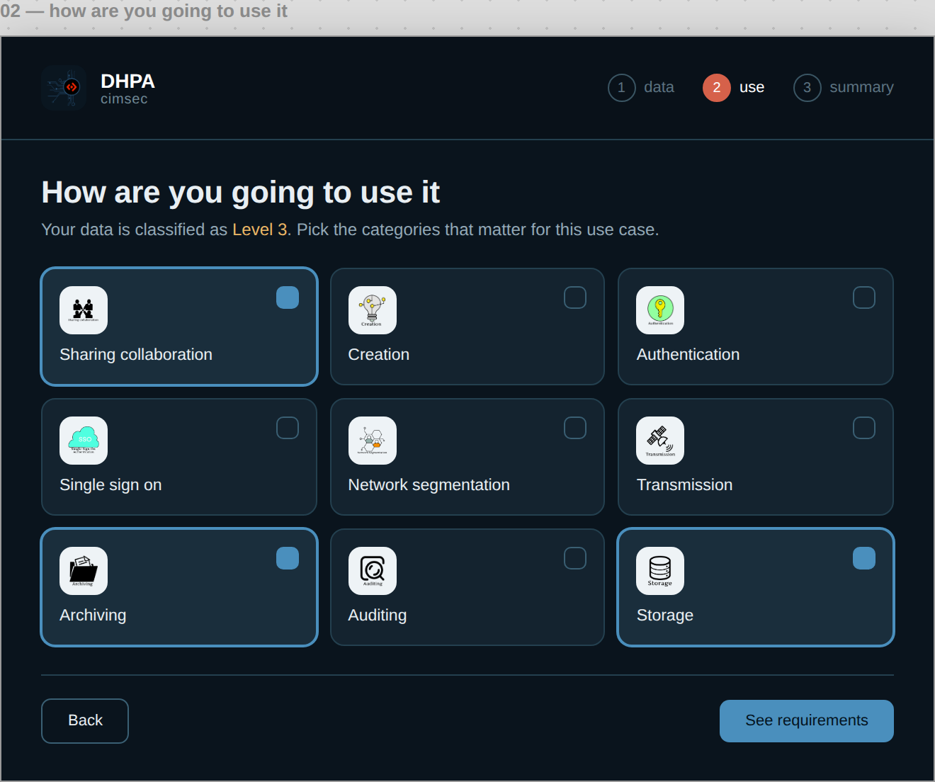 Usage selection step in the finished tool, showing category cards with several selected