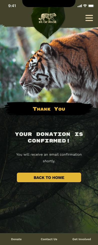 Mobile donation confirmation screen reading Thank You, your donation is confirmed, with a back to home button