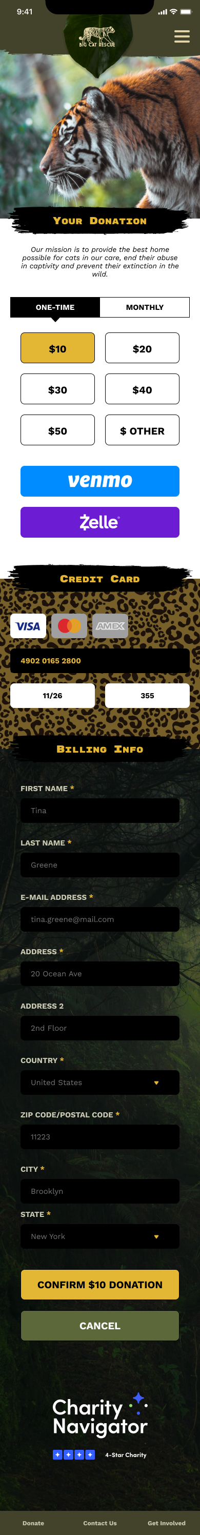 Mobile donation flow from amount selection through Venmo and Zelle options, credit card entry, billing information fields, and a confirm donation button