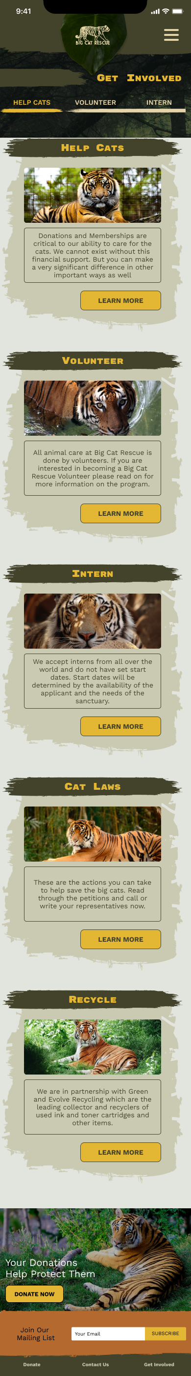 Final high-fidelity Get Involved mobile page, with Help Cats, Volunteer, and Intern tabs, each with a photo, description, and learn more button, followed by Cat Laws and Recycle sections and a donate banner