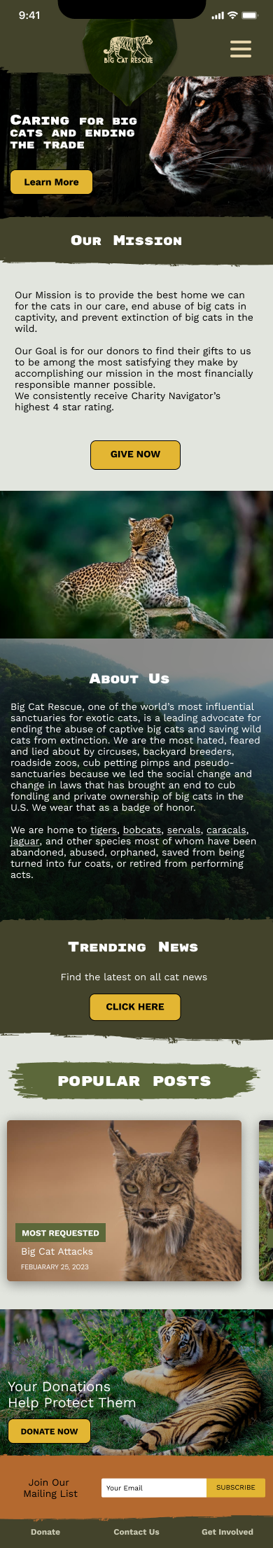 Final high-fidelity mobile homepage, showing the hero with a tiger, mission statement, give now button, about us, trending news, popular posts, a donation banner, and footer