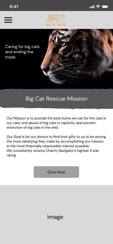 Early mobile homepage draft, a dark, stripped-down layout with a tiger hero image, a mission statement block, and a gray image placeholder