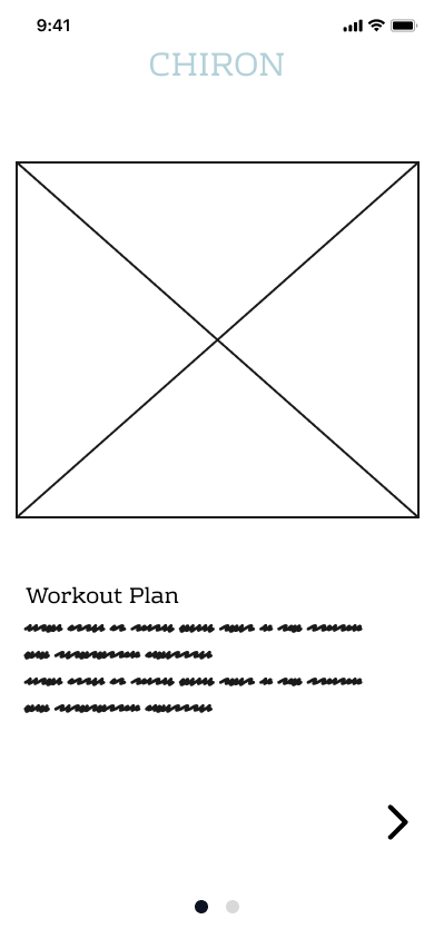 Chiron lo-fi coaching screen for the Workout Plan feature, with a placeholder image, scribbled placeholder copy, and pagination dots