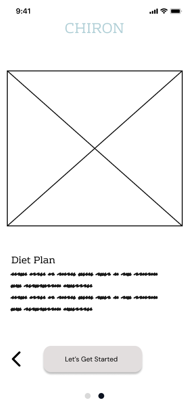 Chiron lo-fi coaching screen for the Diet Plan feature, with a placeholder image, scribbled placeholder copy, and a Let's Get Started button