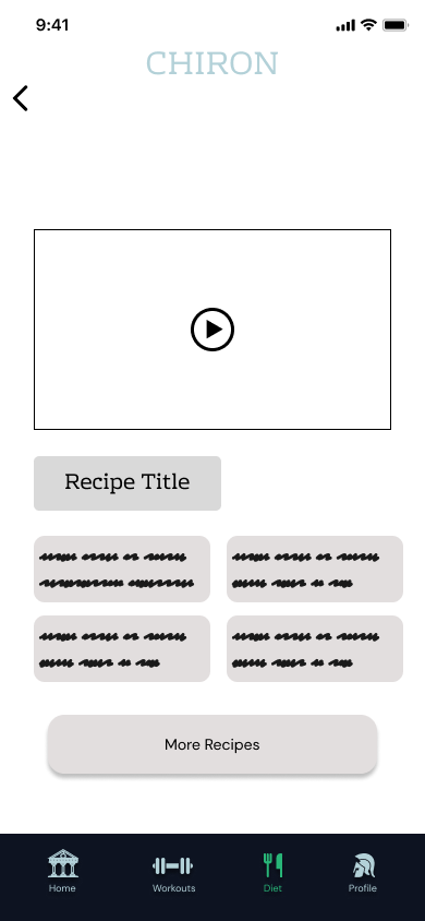 Chiron lo-fi recipe detail screen with a placeholder video player, a Recipe Title placeholder, four placeholder spec blocks, and a More Recipes button