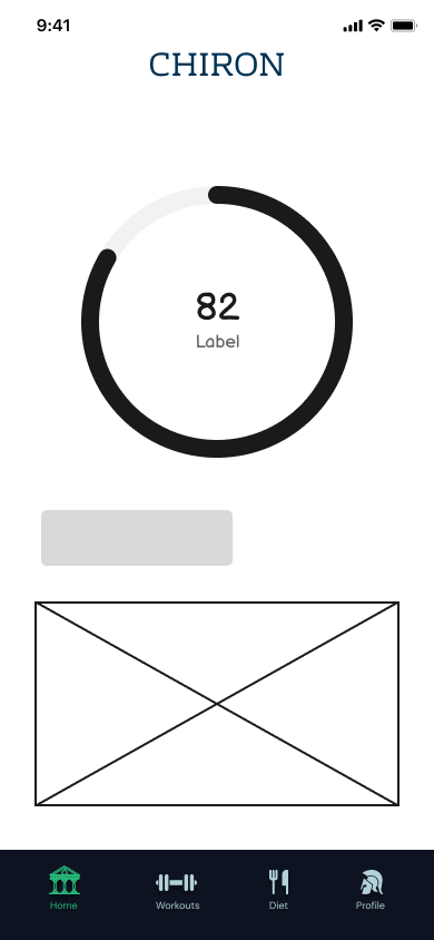 Chiron lo-fi home screen with a progress ring reading 82, a placeholder banner, and a placeholder image below it