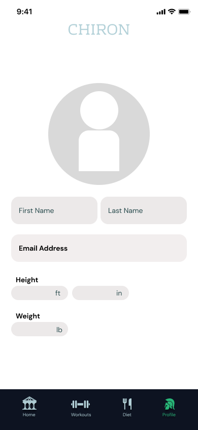 Chiron lo-fi profile screen with a placeholder avatar, First Name and Last Name fields, an Email Address field, and Height and Weight inputs