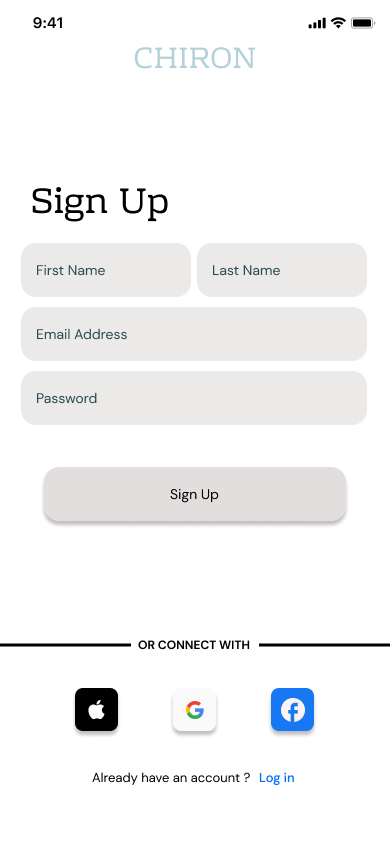 Chiron lo-fi sign up screen with First Name, Last Name, Email Address and Password fields, and Apple, Google and Facebook connect options