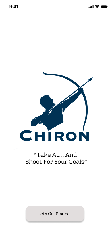 Chiron lo-fi splash screen with the finished archer wordmark and tagline already locked in, over a plain background, with a Let's Get Started button
