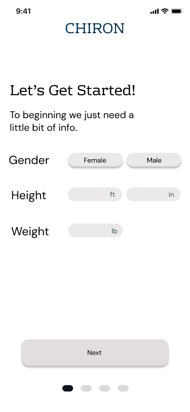 Chiron lo-fi survey screen for Let's Get Started, with placeholder Gender, Height and Weight inputs