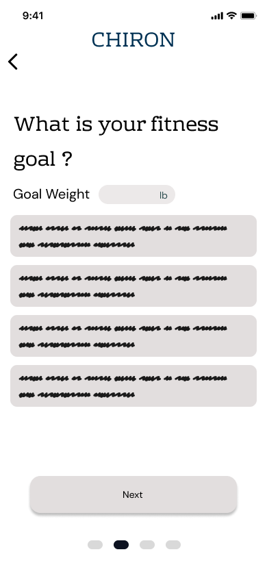 Chiron lo-fi survey screen asking what the user's fitness goal is, with a placeholder Goal Weight field and four scribbled option cards