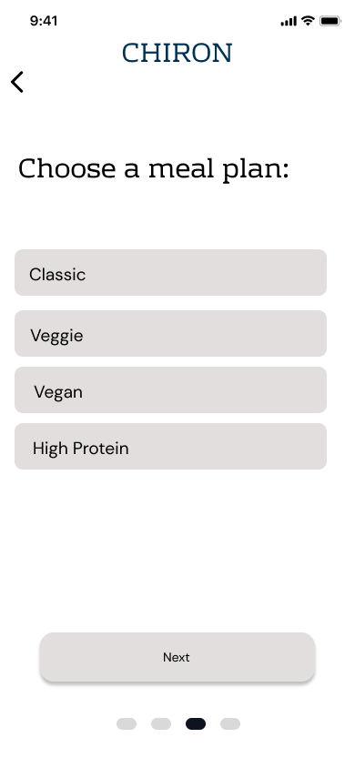 Chiron lo-fi survey screen for choosing a meal plan, with placeholder Classic, Veggie, Vegan and High Protein rows
